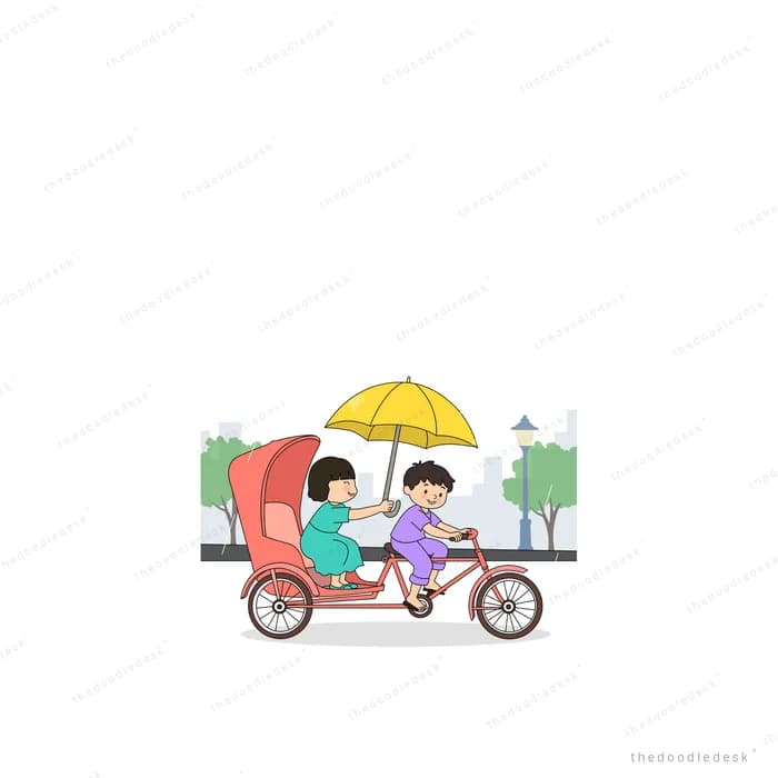 Two children riding a cargo trike under a yellow umbrella on a street