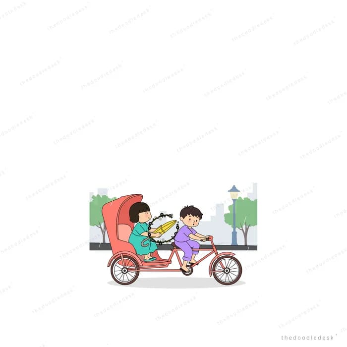 Child riding a cargo trike carrying a red bin down a street