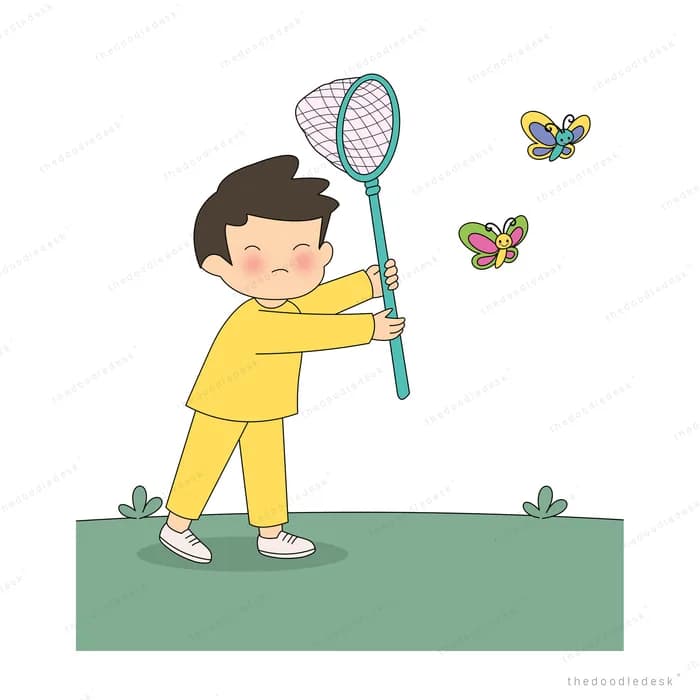 Boy in yellow pyjamas swinging a butterfly net at butterflies over grass