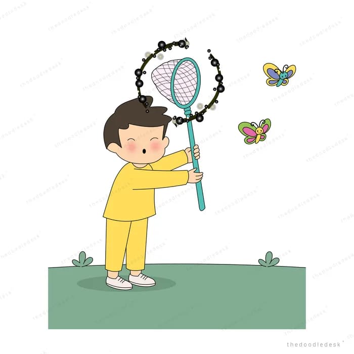 Boy swinging a butterfly net wildly as butterflies dart away