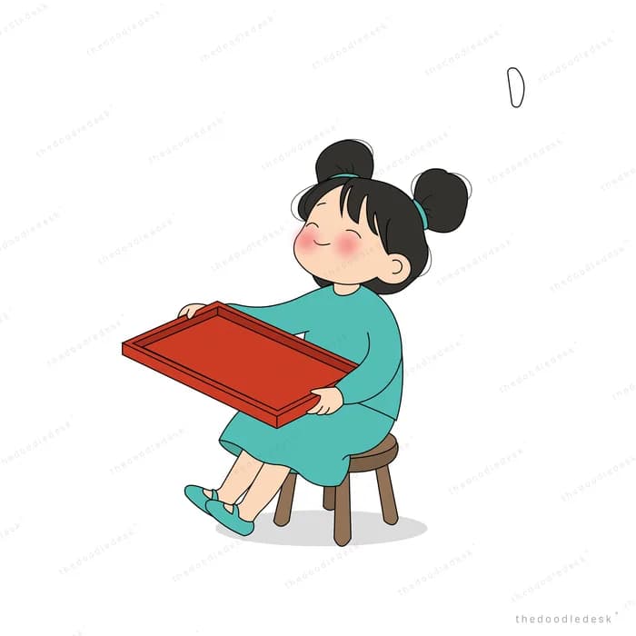 Girl in teal carrying a red tray toward a small wooden stool