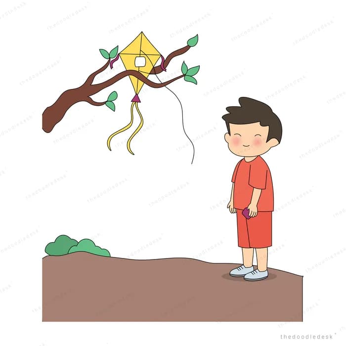 Boy in red looking up at his kite caught in a tree branch