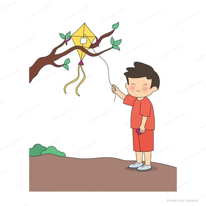 Boy in red tugging the string of a kite caught in a branch