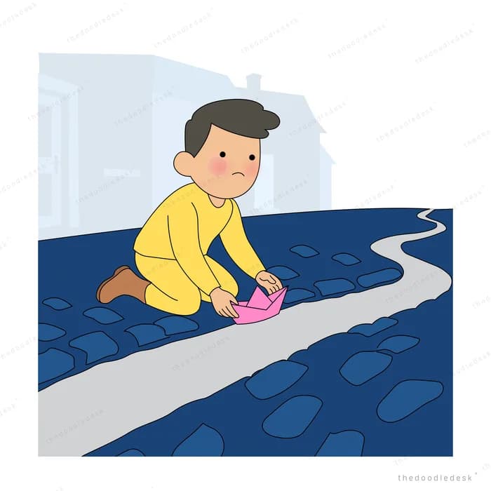 Boy in yellow kneeling on a grey pavement setting a pink paper boat on stepping stones