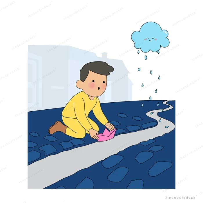 Boy kneeling with a pink paper boat as a small rain cloud drizzles above
