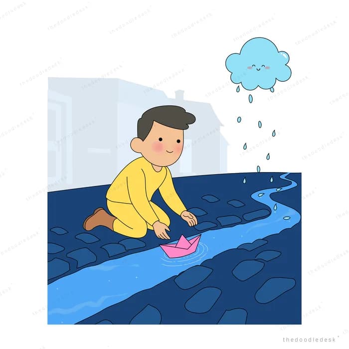 Boy kneeling by a flooded blue street floating paper boats under a rain cloud
