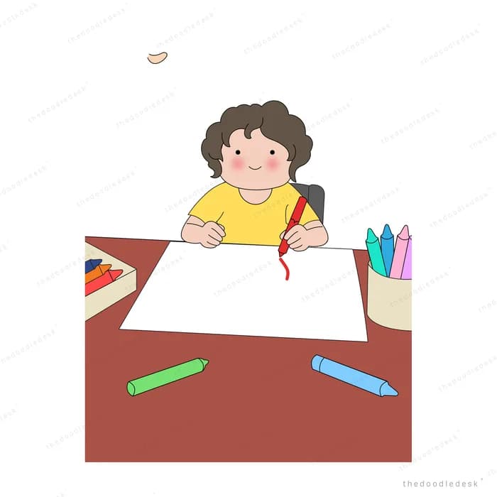 Woman in yellow at a red desk holding a crayon over a blank sheet of paper