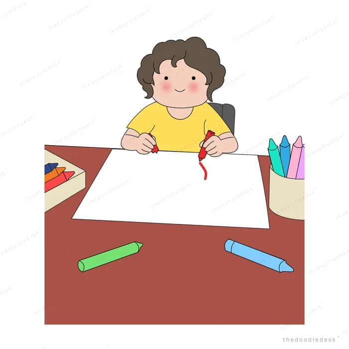 Woman at a red desk staring at a blank sheet of paper beside crayons