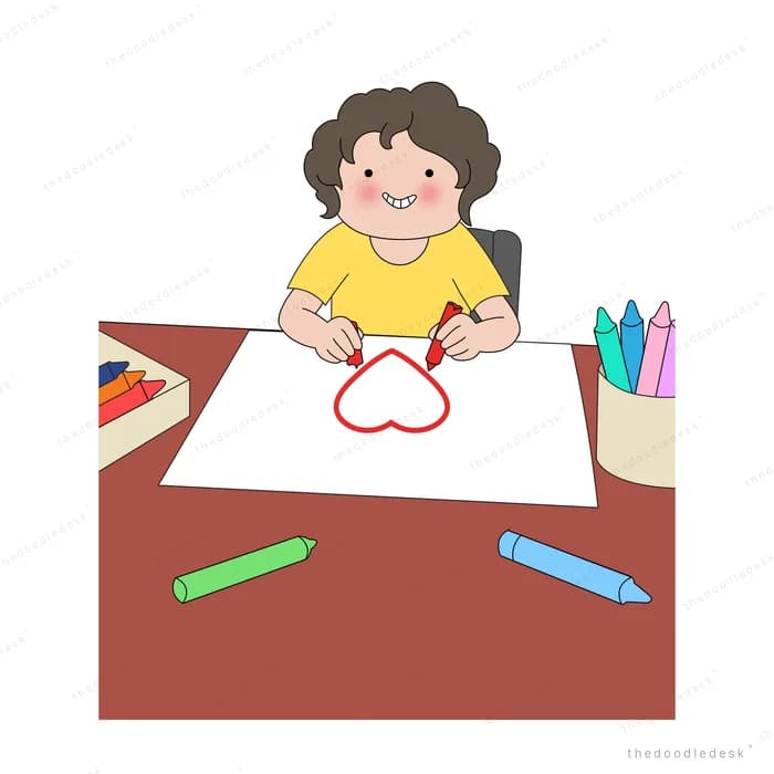 Woman at a red desk drawing a red heart on the sheet of paper