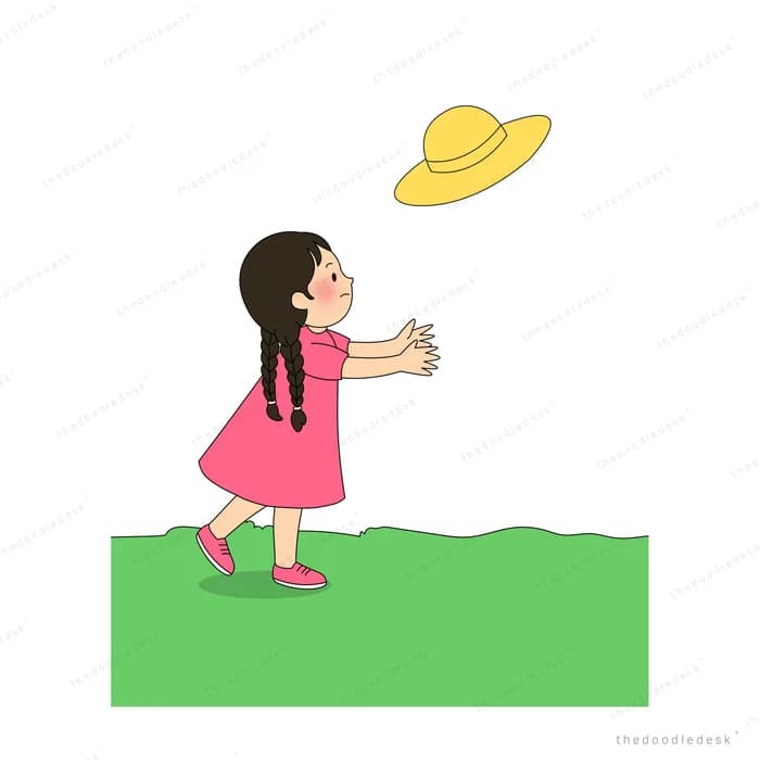 Girl on a green beach towel tossing her straw hat into the air