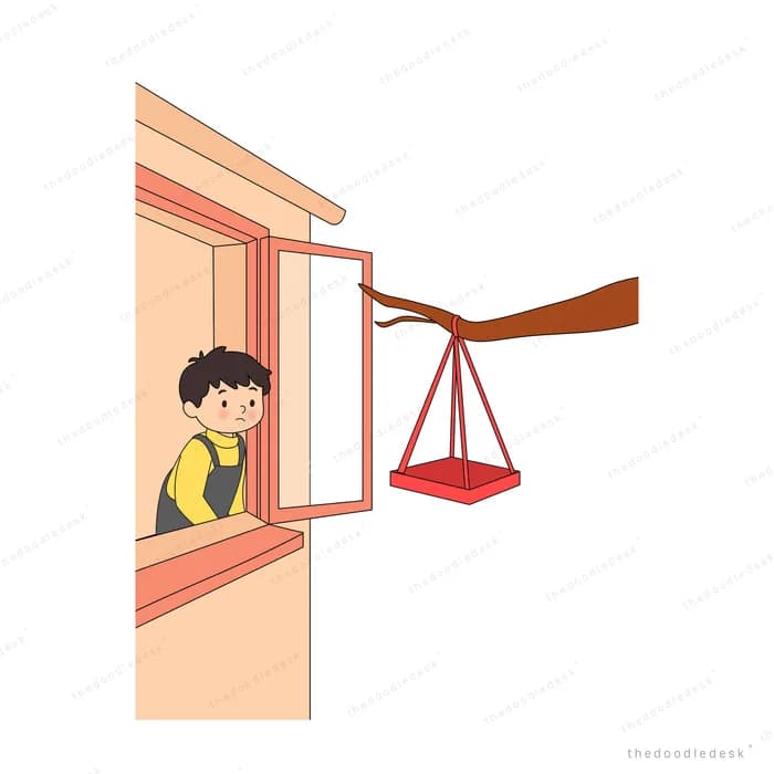 Boy leaning out of a window at a red swing hanging from a tree branch