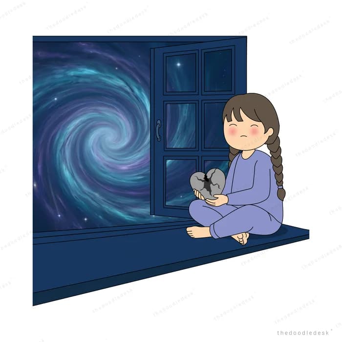 Girl in purple pyjamas sitting on a window seat hugging a teddy as a galaxy swirls outside