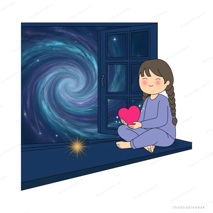 Girl on a window seat cradling a pink heart with a galaxy beyond the glass