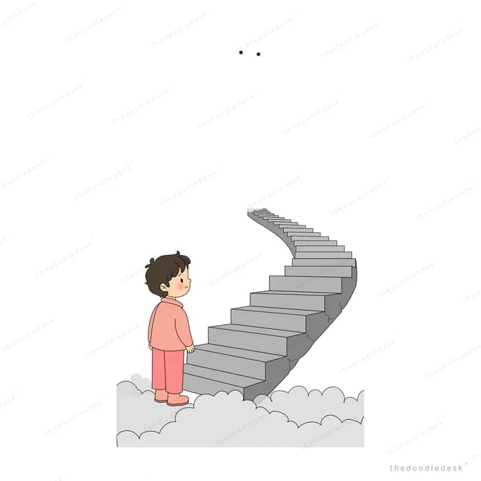Small child in pink standing at the foot of a tall grey spiral staircase