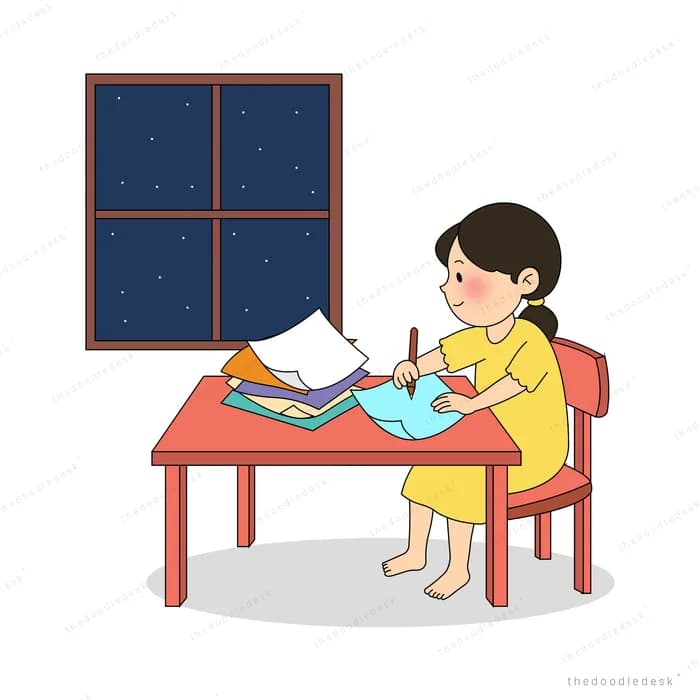 Woman in yellow folding paper at a red desk by a starry night window