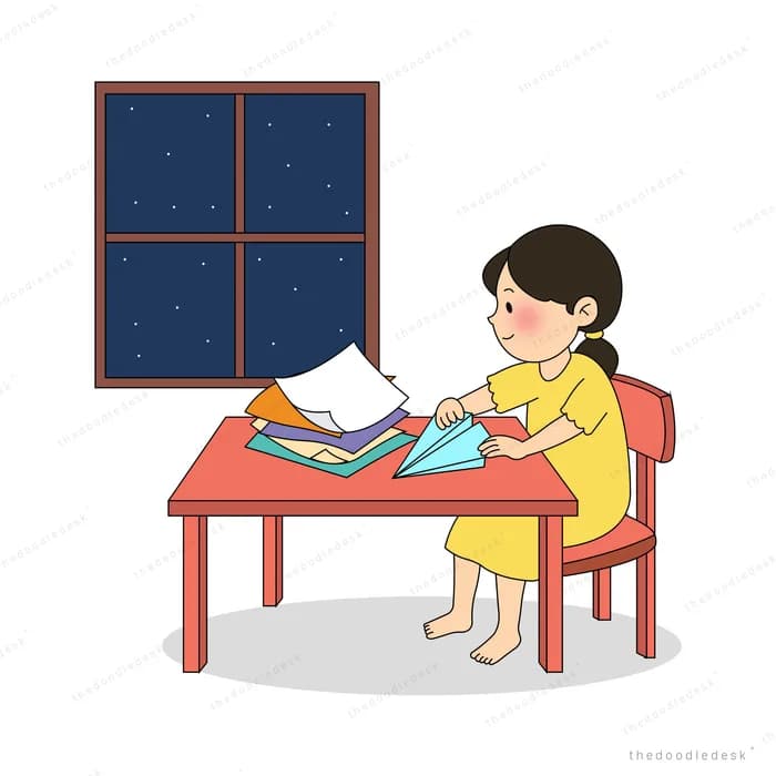 Woman at a red desk creasing a blue paper plane under a night window
