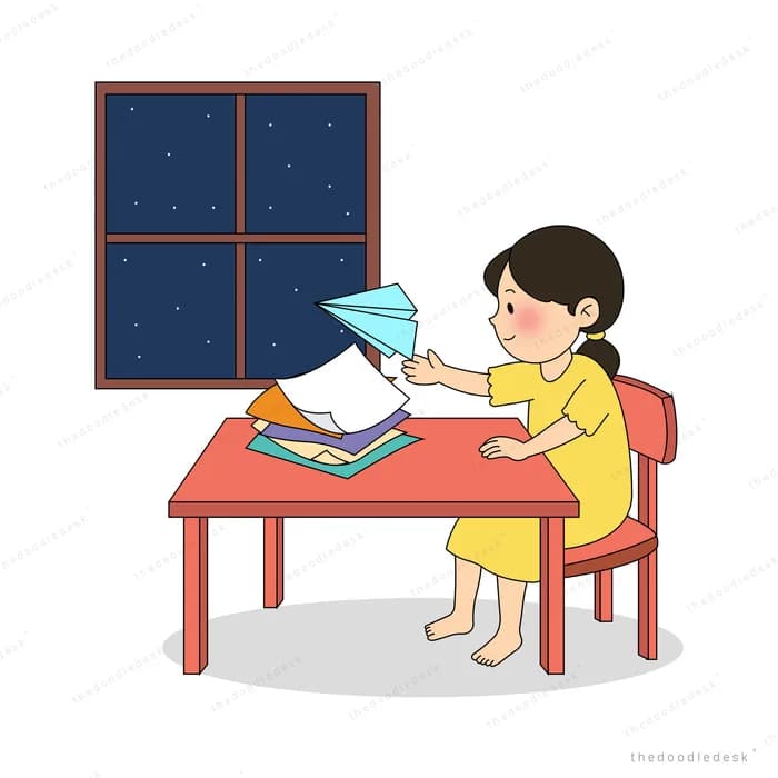 Woman holding up a finished blue paper plane at her desk