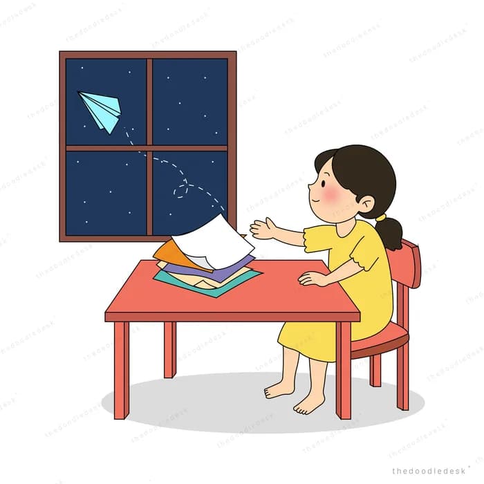 Woman watching her paper plane fly out through the night window