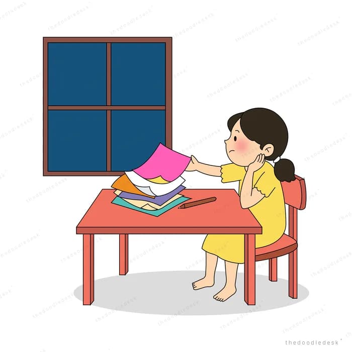 Woman in yellow at a red desk holding a pink paper by a night window