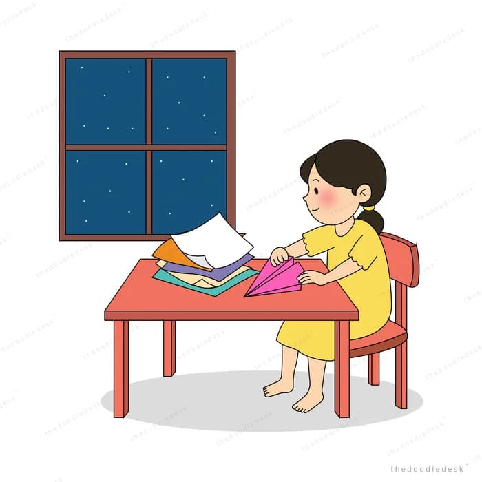 Woman folding a pink paper shape at her desk under a night window
