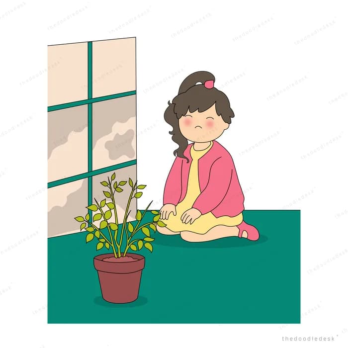 Woman in pink kneeling beside a potted plant by a bright window