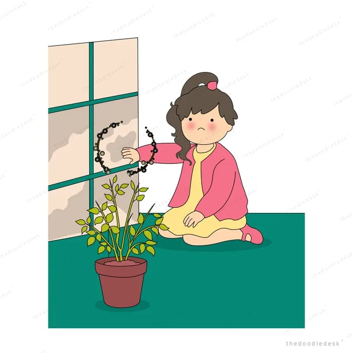 Woman in pink reaching toward the window beside her potted plant