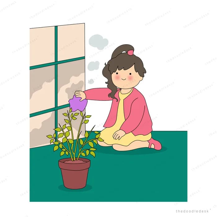 Woman in pink tipping a purple watering can over her potted plant
