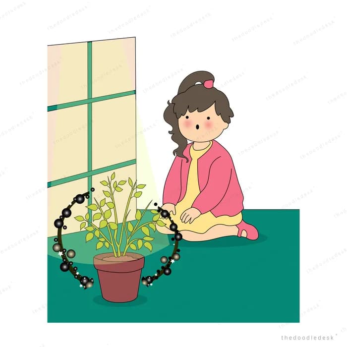 Woman in pink beside her potted plant as sunlight sparkles through the window