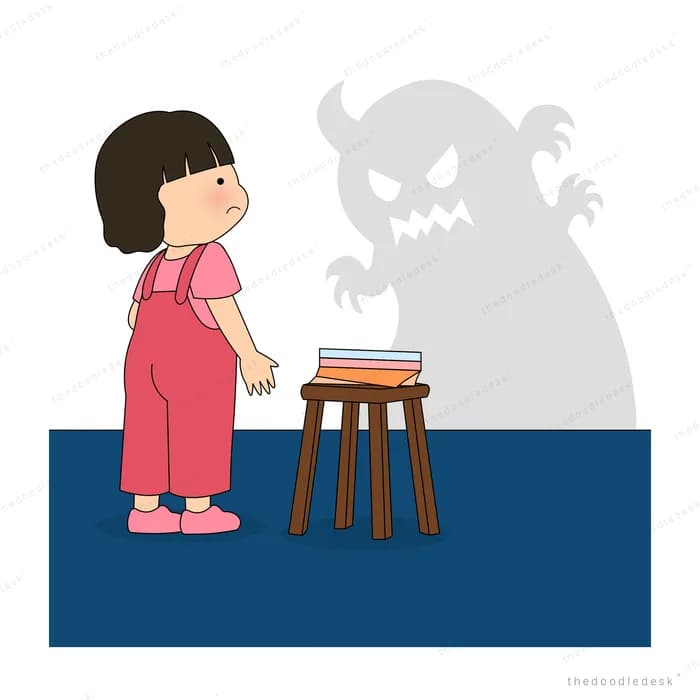 Girl in pink dungarees pushing a stool of books while a grey monster shadow looms