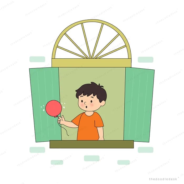 Boy in orange at a green shuttered window holding a pink balloon