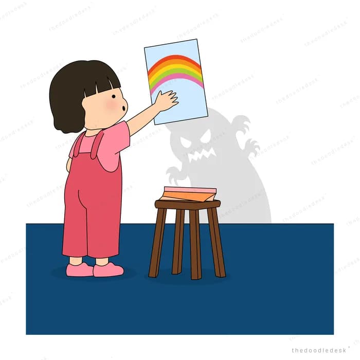 Girl in pink pinning a rainbow drawing over the monster shadow on the wall