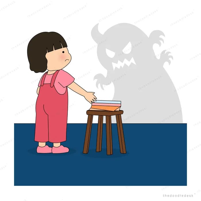 Girl in pink standing at a stool of books before a looming grey monster shadow