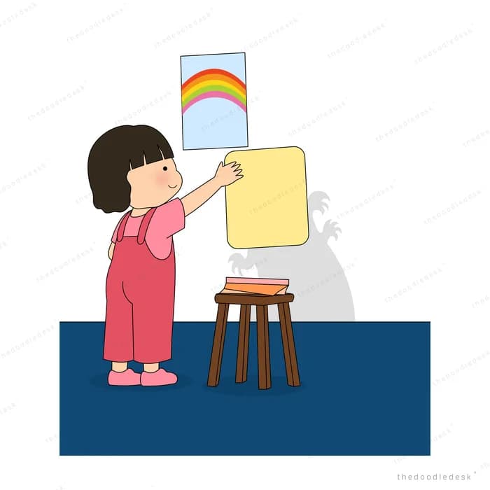 Girl pinning a rainbow drawing and a yellow sheet over the shadow on the wall