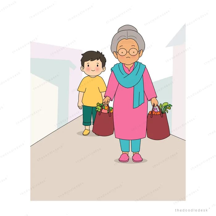 Boy walking a corridor beside an elderly woman carrying shopping bags