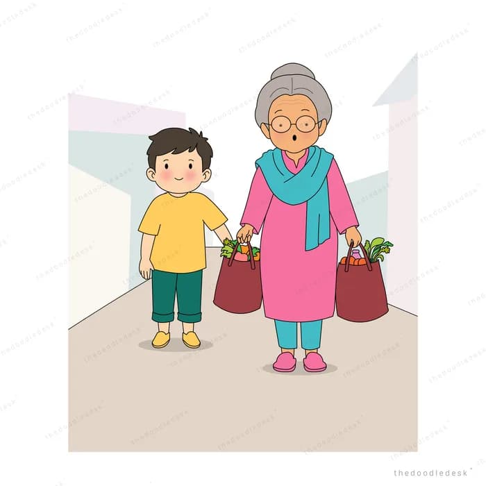 Elderly woman with shopping bags talking to a boy in a bright corridor