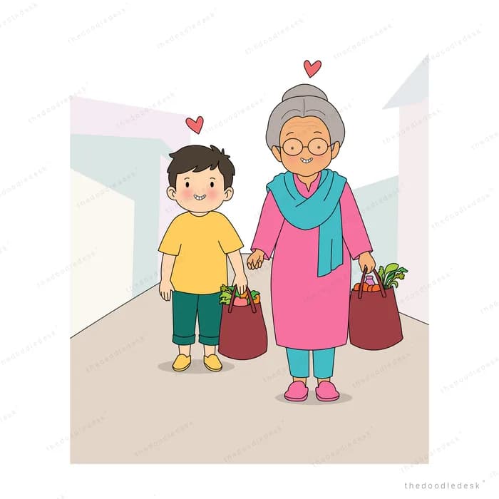 Boy helping an elderly woman with her shopping bags as hearts float above