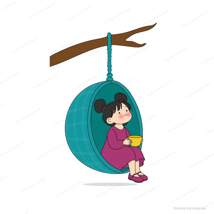 Girl in magenta sitting in a hanging teal egg chair slung from a branch