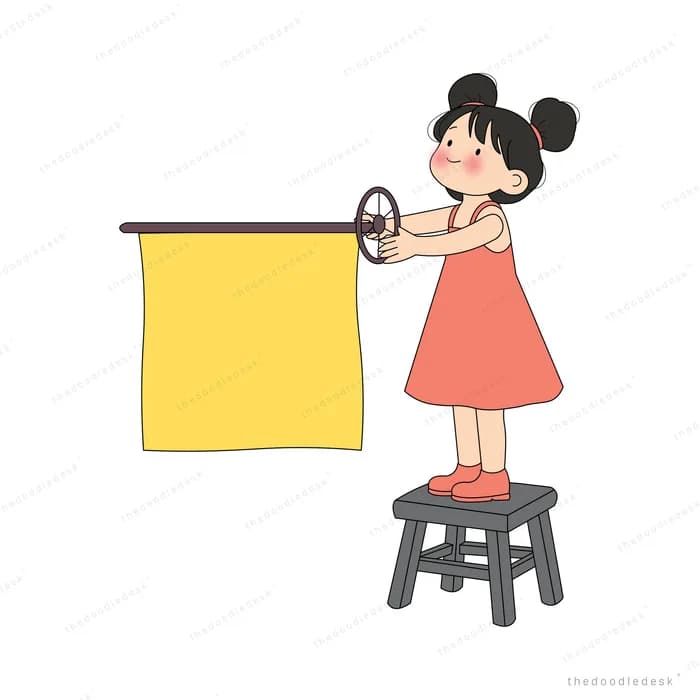 Girl in a red dress on a stool sliding a yellow curtain along a rod