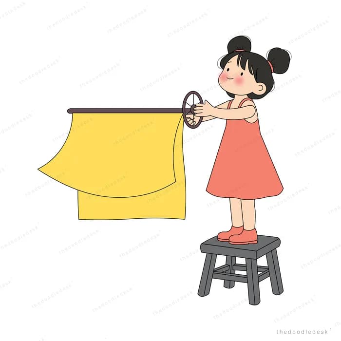 Girl on a stool drawing a yellow curtain across the rod