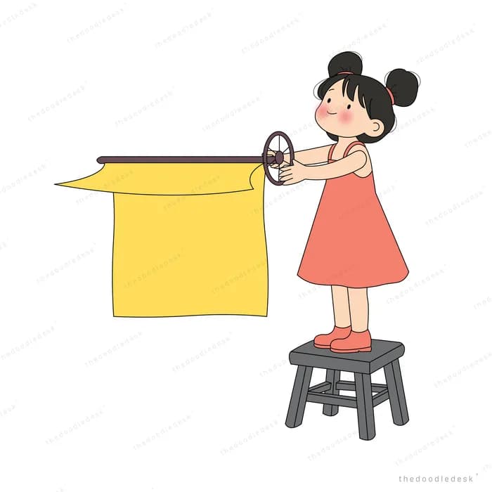 Girl on a stool with the yellow curtain half drawn along the rod