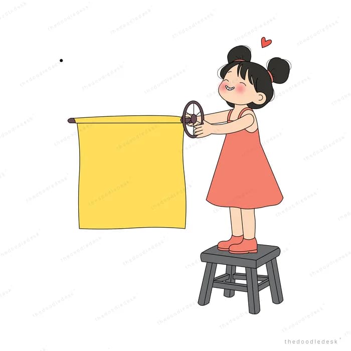 Girl on a stool finishing the yellow curtain with a heart above her