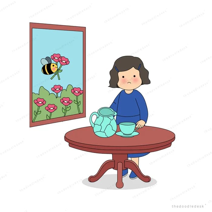 Woman at a round table with teapot and cup as a bee carries a flower in the picture