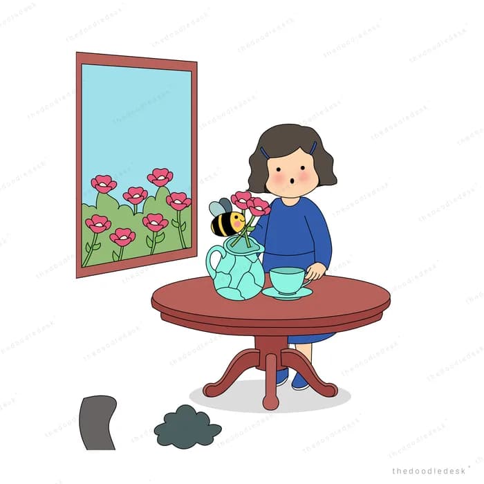 Woman at a round table as a bee flies out of the framed flower picture