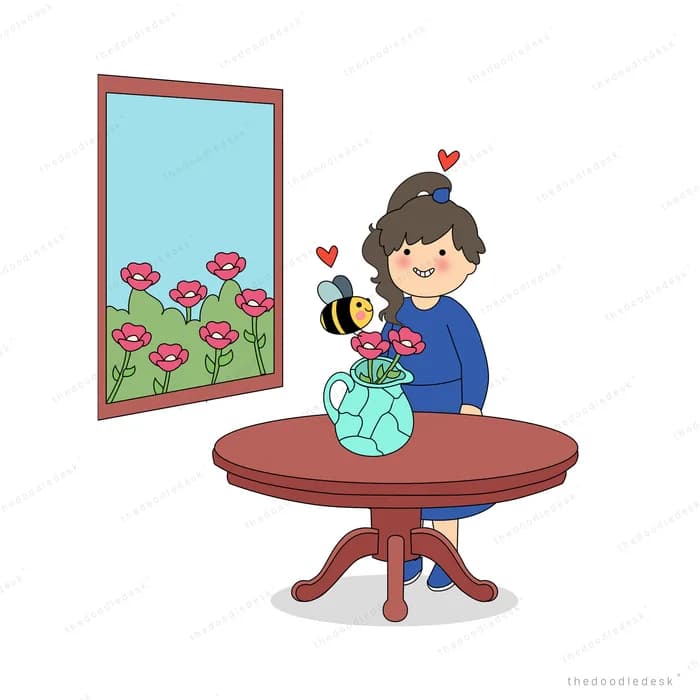 Woman at a round table catching a bee in a glass jar beneath the flower picture