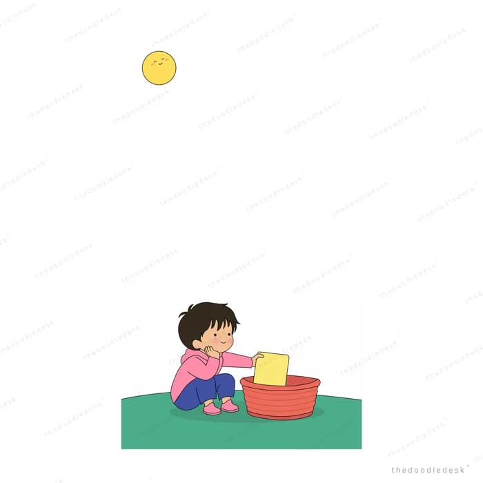 Girl in pink squeezing a yellow cloth into a red basin on the grass