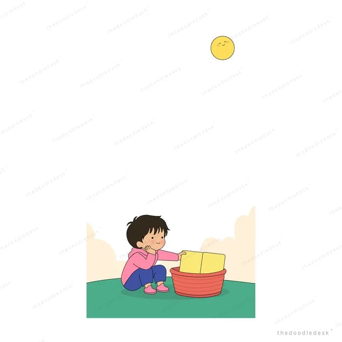 Girl in pink kneeling on grass with a yellow cloth and a red basin under the sun