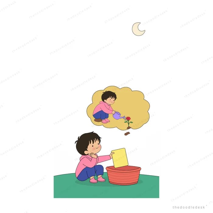 Girl in pink at a red basin with a yellow cloth imagining a bird, under a crescent moon