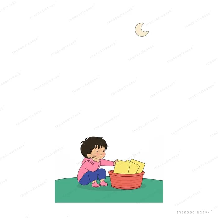 Girl in pink wringing a yellow cloth over a red basin under a crescent moon