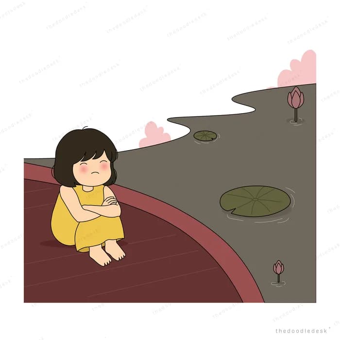 Girl in yellow sitting on a dark red bank beside a grey pond with a lily pad