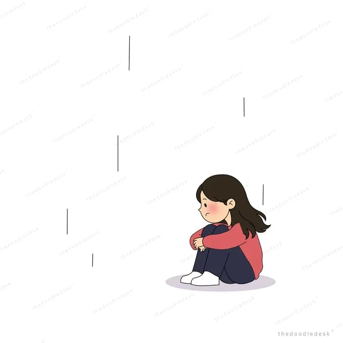 Girl in a red top crouching alone in the falling rain